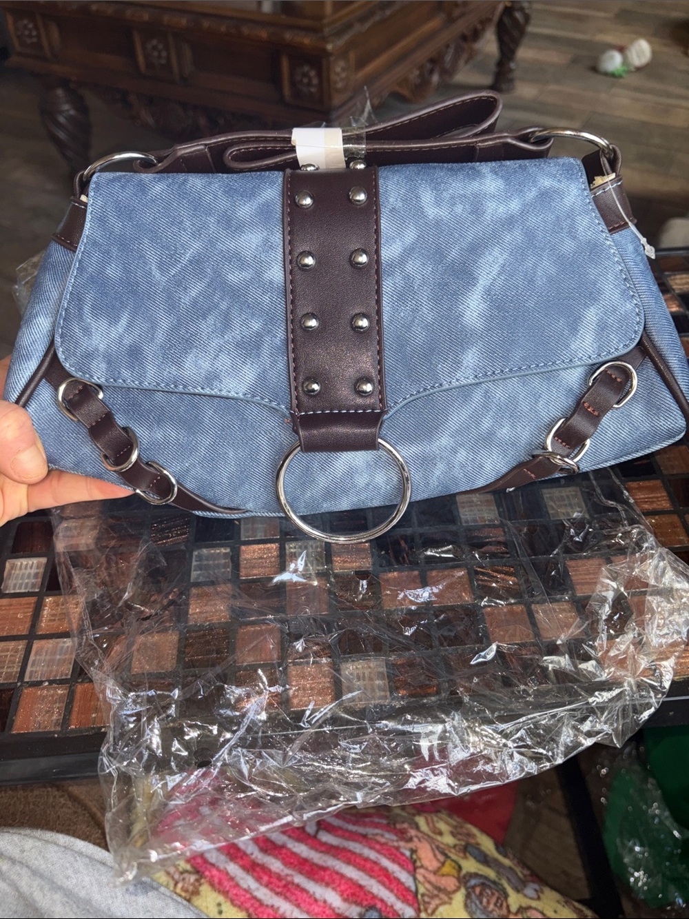 Blue Denim & Brown Faux Leather Anderson’s Ring & Stud Accented Crossbody NWOT